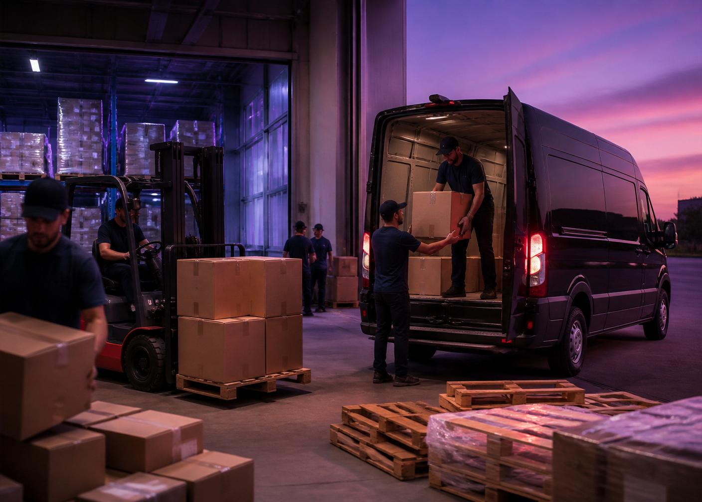 Equipe J.C.P Transportes carregando van em operação de logística